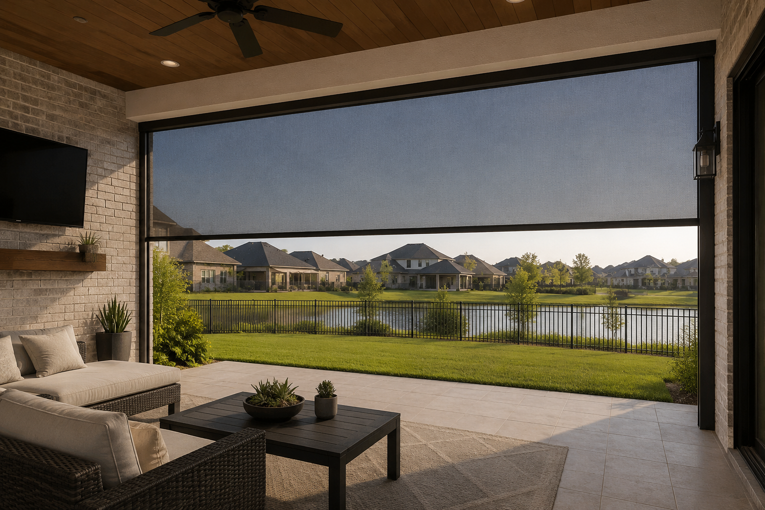 Motorized screen opening to a landscaped backyard